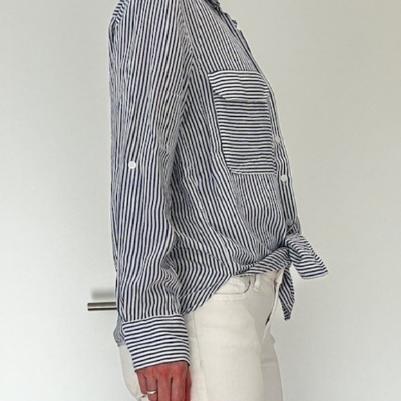 Maeve (Anthropologie), small, long-sleeve button up, navy and white stripes - Picture 2 of 6
